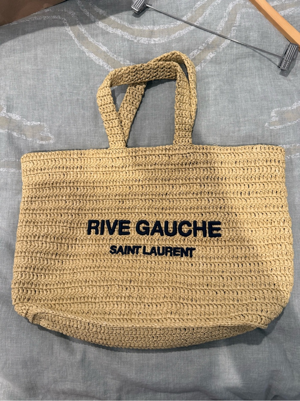 YSL Rive Gauge Straw Tote with Navy Logo